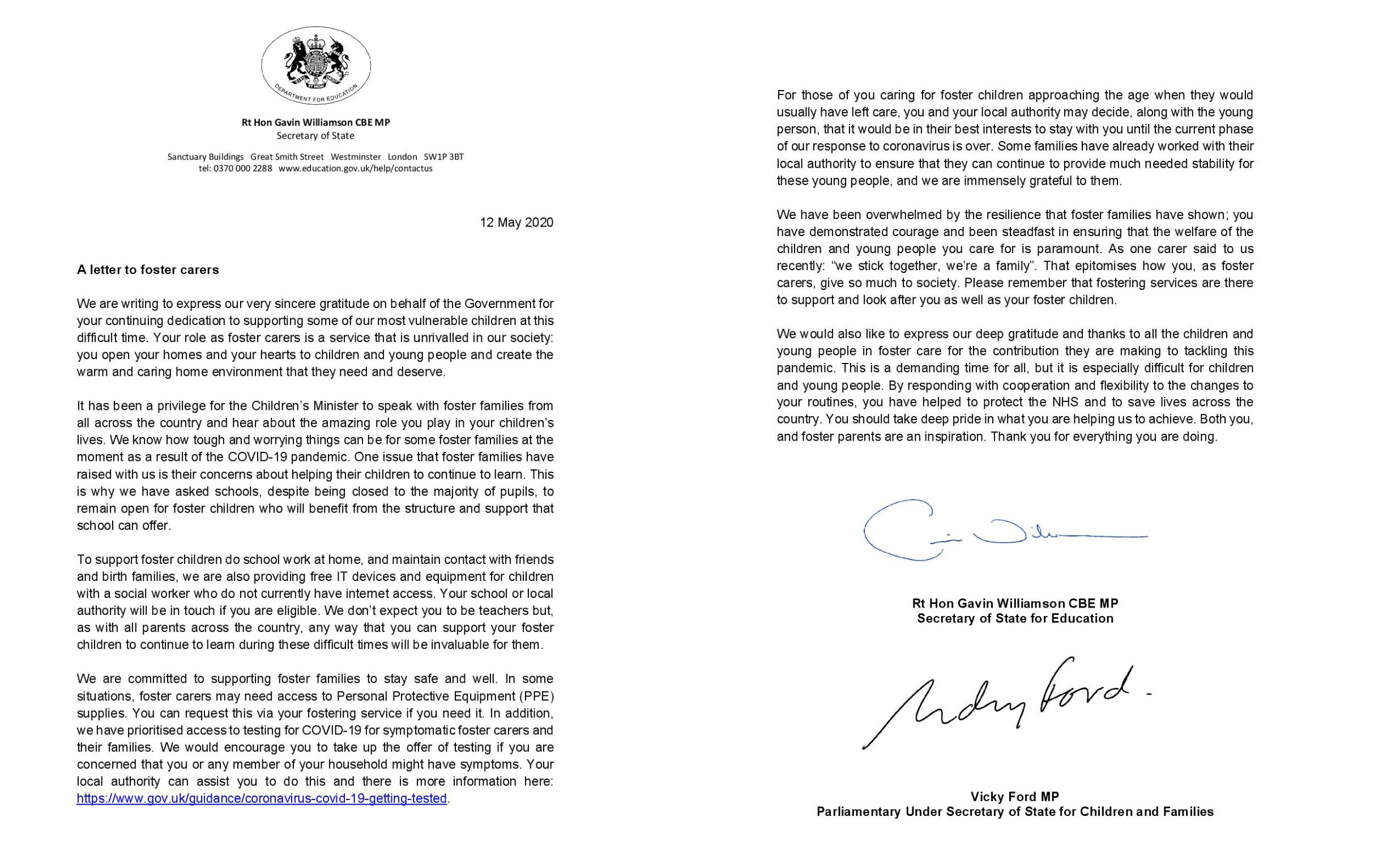 Letter to Foster Carers from Education Secretary and the Under Secretary of State for Children and Families, 12 May 2020