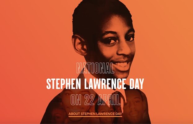 Orange background with photo of  a young Stephen Lawrence in centre